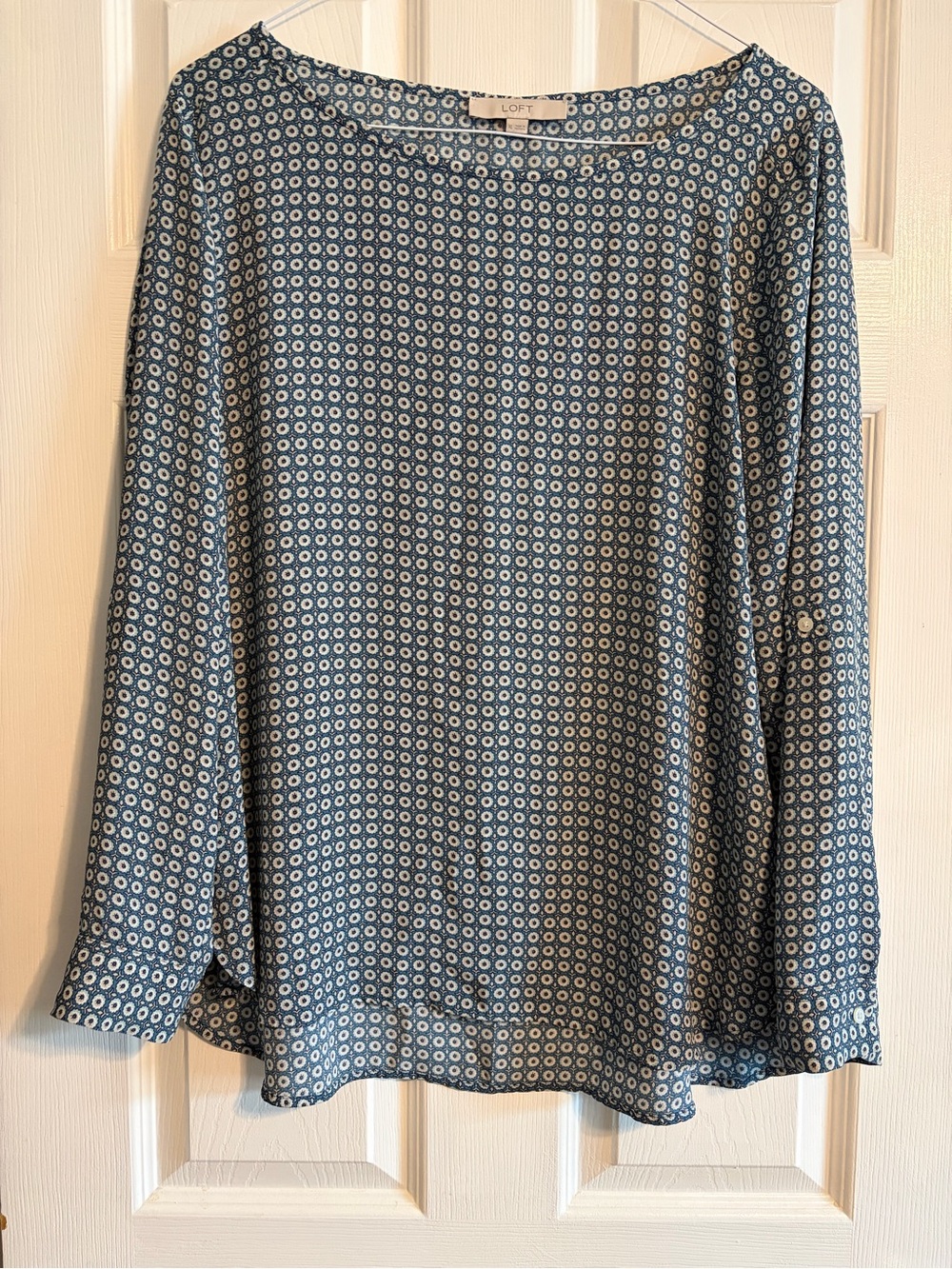 LOFT Blue Geometric Medallion Blouse XL Roll Tab Long Sleeve Top